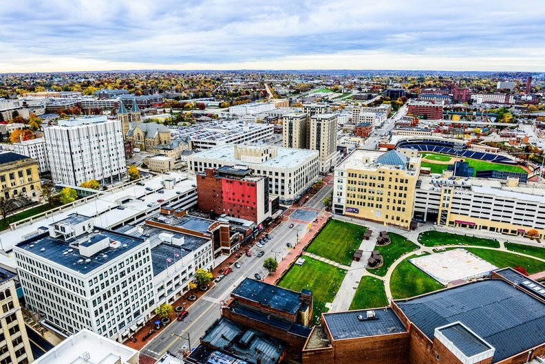 Overhead view of downtown Akron.