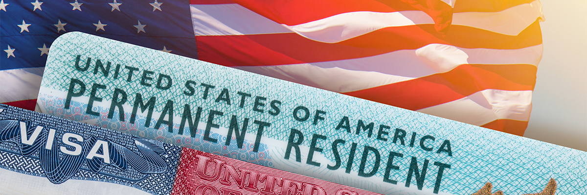 images of a flag, US resident ID card, and US visa