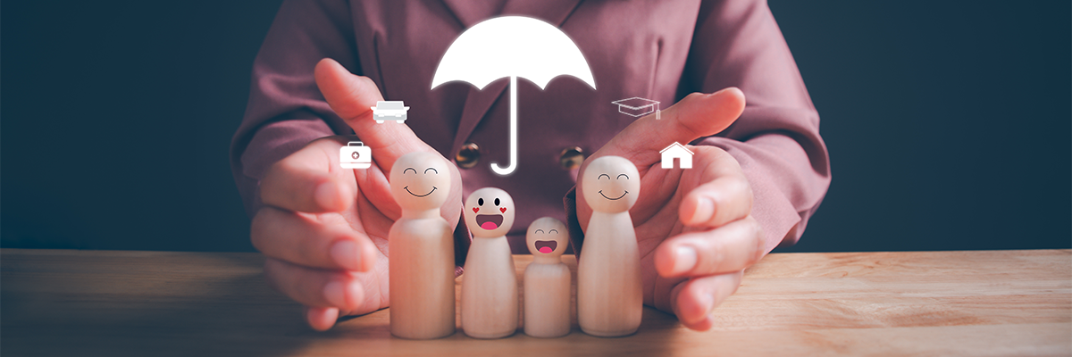 hands and umbrella icon around peg toys conveying safety and planning