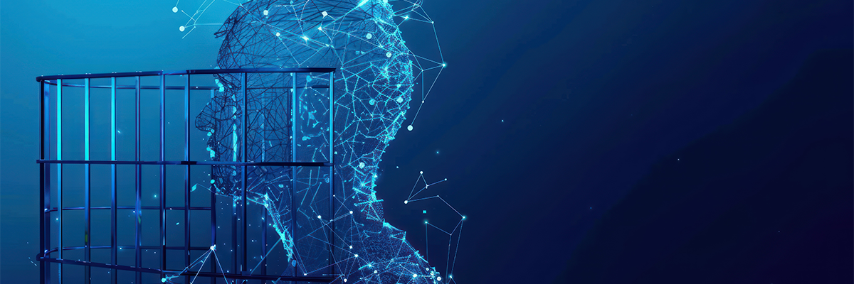 a digital head and jail bars conveying the concept of white collar crime